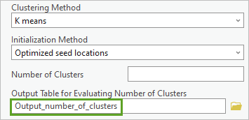 Se ha rellenado el parámetro opcional Tabla de salida para la evaluación del número de clústeres, por lo que se crearán la tabla y el gráfico.