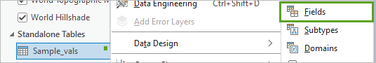 Opción del menú contextual Diseño de datos que muestra la opción Campos