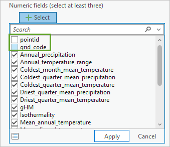 Los campos de la variable bioclima están activados y pointid y grid_code están desactivados.