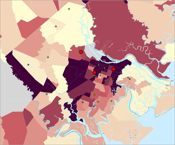 Datos de la ACS en el mapa con los puntos de centros de enseñanza