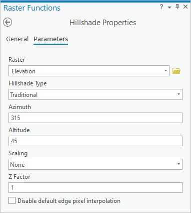 Parámetros predeterminados de Propiedades de sombreado en el panel Funciones de ráster