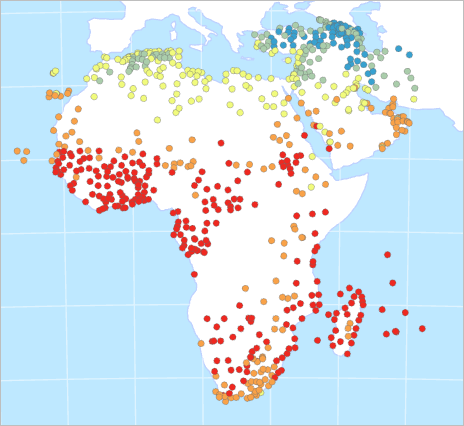 Mapa que muestra datos de puntos de temperatura de África y Oriente Medio