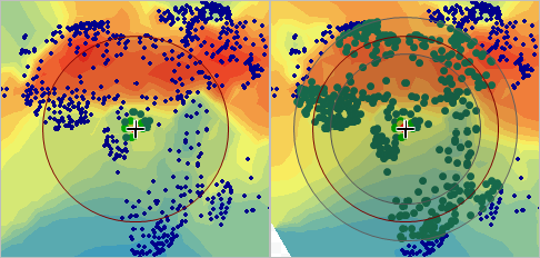 Mapa de vista previa del asistente de geoestadística con un círculo comparado con tres