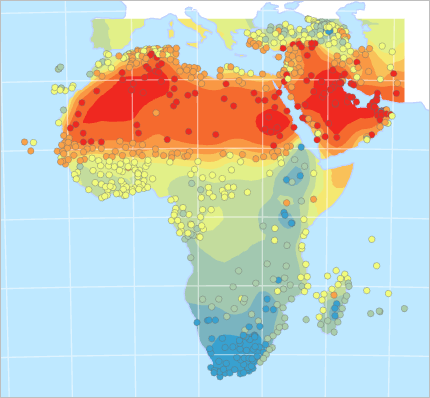 Mapa con superficie interpolada parcialmente enmascarada por la capa de océanos