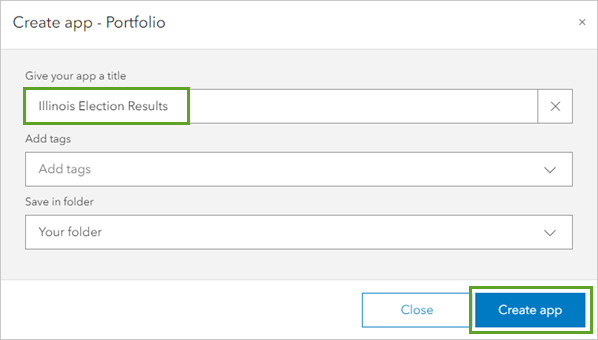 Título de la aplicación Crear - Ventana Portafolio y el botón de la aplicación Crear