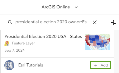 Botón Agregar para la capa de entidades Elecciones presidenciales de Estados Unidos de 2020 - Estados