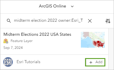 Botón Agregar para la capa de entidades Elecciones de mitad de mandato de Estados Unidos de 2022 - Estados