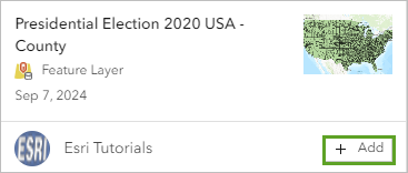 Botón Agregar para la capa Elecciones presidenciales de Estados Unidos de 2020 - Condado