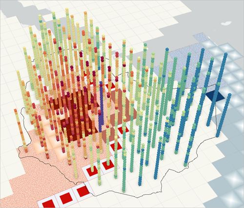 Vista aérea de datos 3D de Etiopía con un esquema de color rojo-amarillo-azul