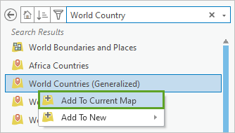 Opción Agregar al mapa actual del menú contextual de la capa World Countries (Generalized)