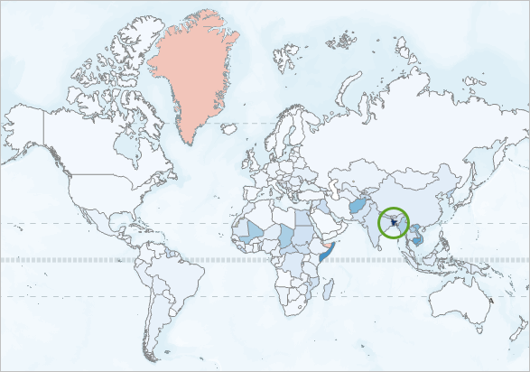 Mapa con Bangladés resaltado con un círculo verde