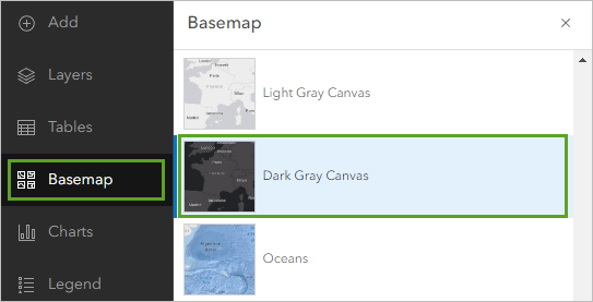 Mapa base de la barra de herramientas Contenido y Lona gris oscuro en el panel Mapa base