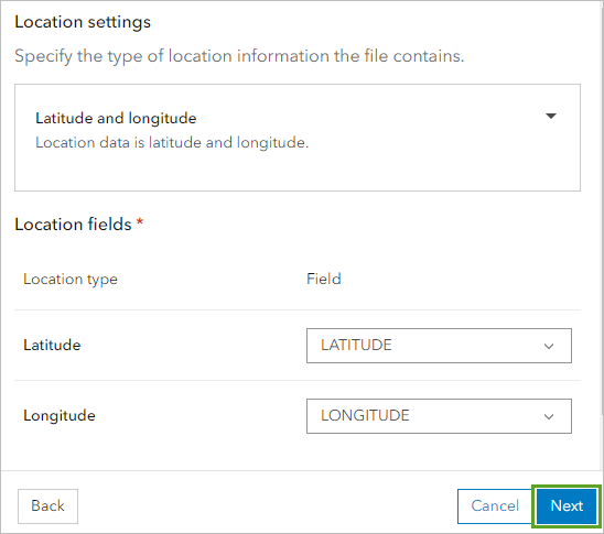 Botón Siguiente en la página de configuración Ubicaciones de la ventana Agregar capa