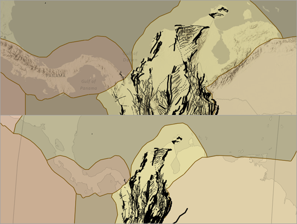 Mapa antes y después de un cambio en la proyección