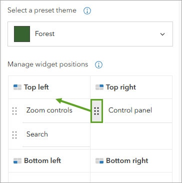 Arrastre el widget Panel de control a la sección Superior izquierda.