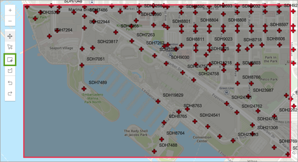 Área dibujada en el mapa alrededor del Centro de Convenciones de San Diego