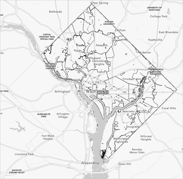 Capa Límites de distrito de detallados de DC en el mapa