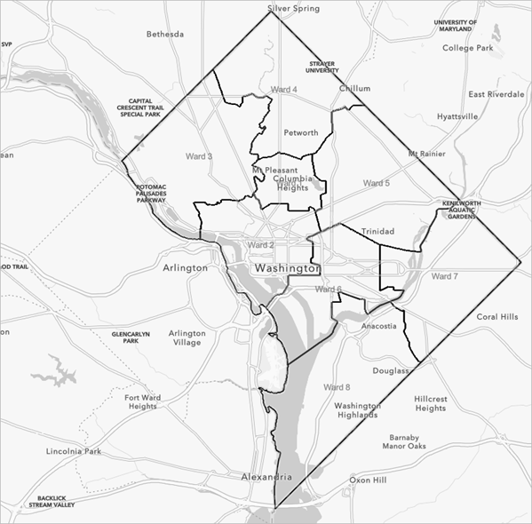 Capa Límites de distrito de DC en el mapa