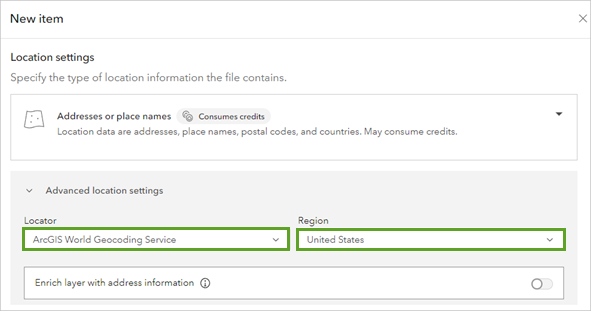 Estados Unidos seleccionado en Región en Configuración de ubicación avanzada