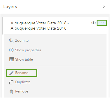 Cambie el nombre del menú Opciones de la capa Datos de votantes de Albuquerque en 2018.
