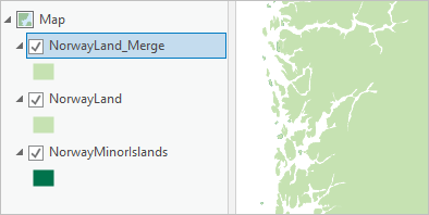 La capa NorwayLand_Merge en el panel Contenido y en el mapa