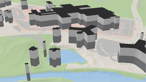 Edificios 3D mostrados como bloques de polígono apilados