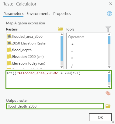 Herramienta Calculadora ráster con los parámetros completados