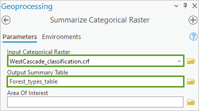 Parámetros de Resumir ráster de categorías