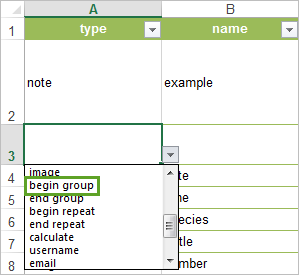 Opción Begin group