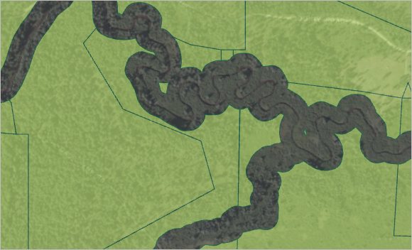 Polígonos ForestStands con la zona de influencia alrededor de las vías fluviales eliminada