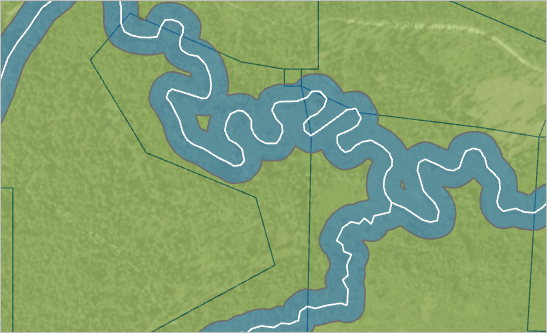 Zona de influencia de polígono transparente rodeando los ríos del mapa