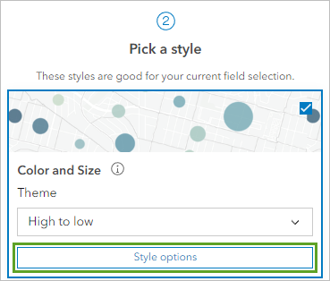 Opciones de estilo para Color y Tamaño