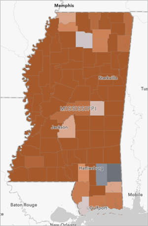 Mapa centrado en Mississippi