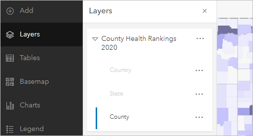 County Health Rankings 2020 expandido en el panel Capas con la capa Condado seleccionada