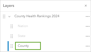 County Health Rankings 2020 expandido en el panel Capas con la capa Condado seleccionada