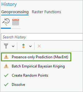Abra la herramienta Predicción de solo presencia (MaxEnt) para ejecutarla desde el historial de geoprocesamiento.