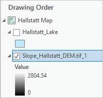 La leyenda de Slope_Hallstatt_DEM_1.tif en el panel Contenido