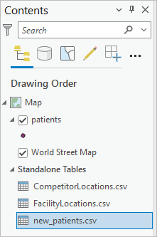 Los archivos .csv se encuentran en el grupo Tablas independientes del panel Contenido.