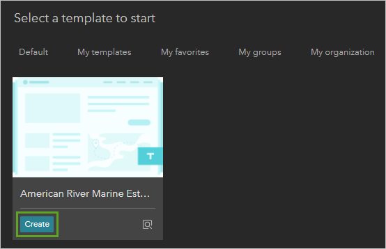 Botón Crear en la tarjeta de la plantilla Estuario marino de American River.