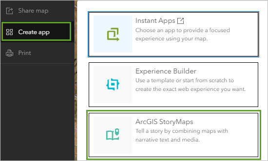 ArcGIS StoryMaps en el menú Crear aplicación