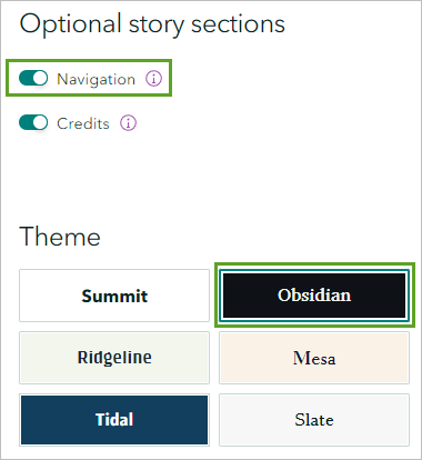 Navegación activada y Tema configurado como Obsidiana en el panel Diseño