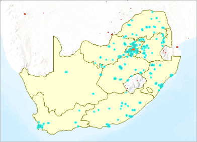 Áreas urbanas de Sudáfrica seleccionadas en el mapa