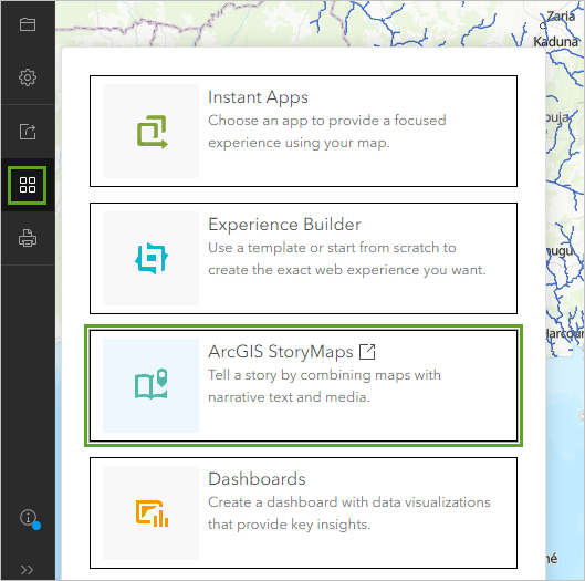 ArcGIS StoryMaps en el menú Crear aplicación