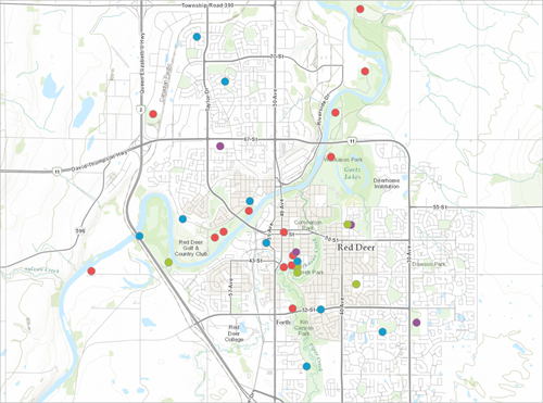 Mapa de las instalaciones de ocio de Red Deer