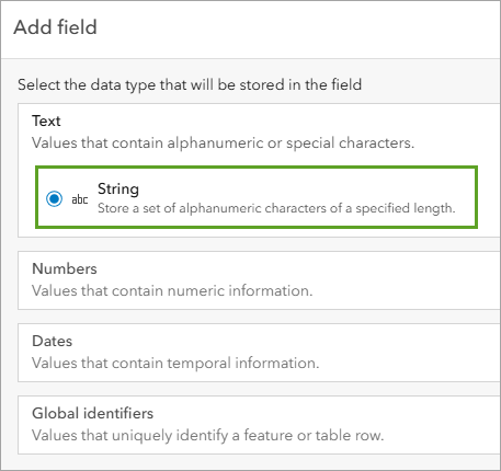 Tipo de datos de cadena de caracteres seleccionado