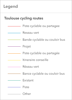 Leyenda que muestra tipos de rutas ciclistas en Toulouse