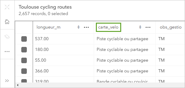 Tabla de rutas ciclistas de Toulouse que muestra el campo carte_velo.