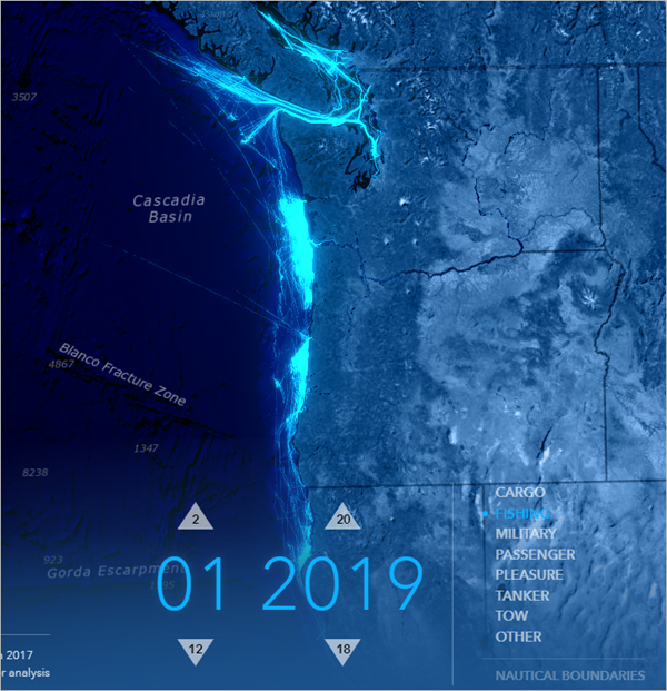 Área Cascadia Basin y fecha establecida en enero de 2019.
