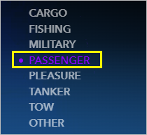 Tipo de buque Passenger seleccionado en la aplicación.