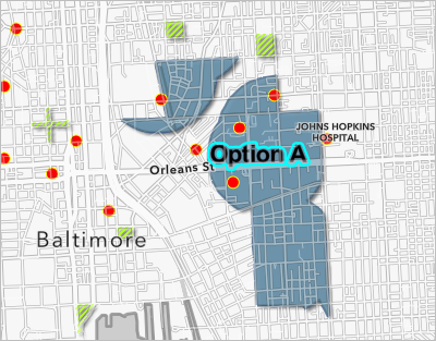 Etiqueta de Opción A sobre el área al este del centro de Baltimore